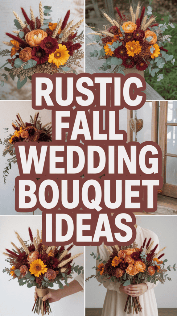Collage of fall-themed wedding bouquets with sunflowers, roses, and rustic elements behind bold text reading "Rustic Fall Wedding Bouquet Ideas."