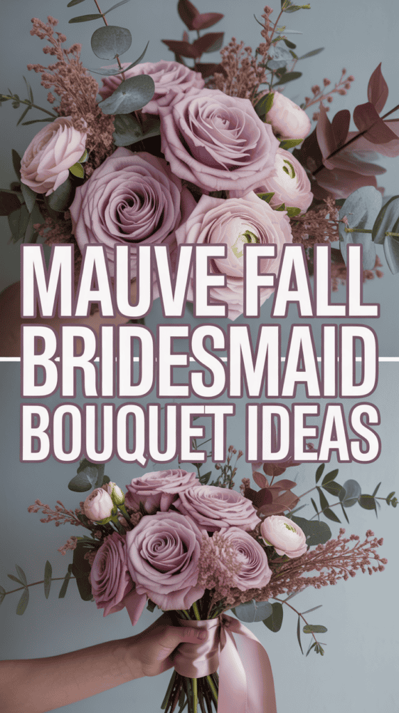 Bouquet of mauve and blush roses with eucalyptus and brown leaves, labeled "Mauve Fall Bridesmaid Bouquet Ideas."