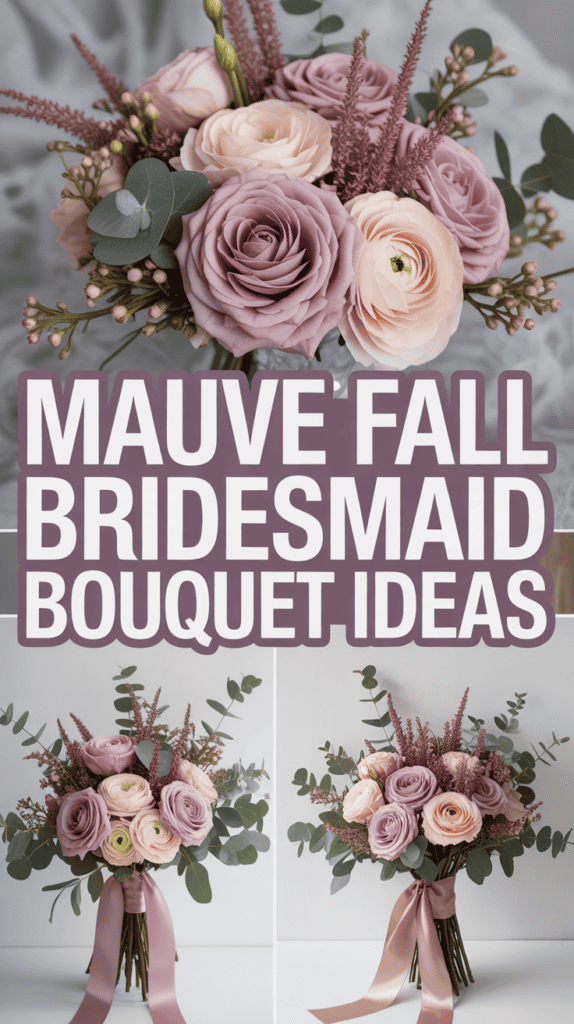 Bouquets of mauve roses and eucalyptus with pink ribbons, labeled "Mauve Fall Bridesmaid Bouquet Ideas."