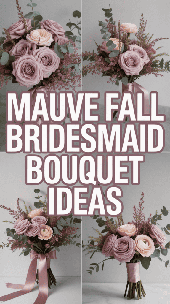 Four bridal bouquets with mauve roses, eucalyptus, and pink ribbons, centered around the text: "Mauve Fall Bridesmaid Bouquet Ideas."