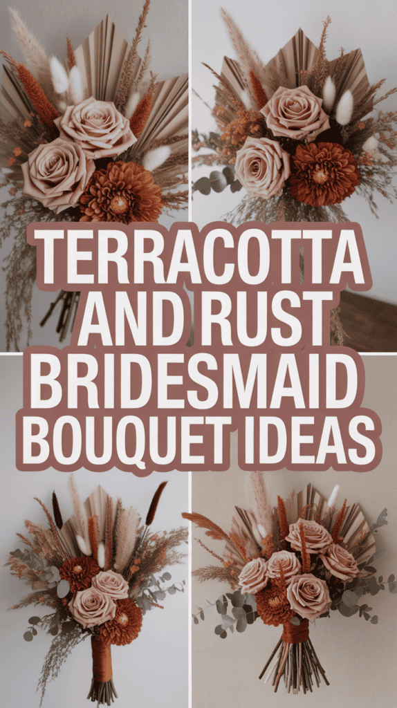 A floral arrangement featuring roses, dahlias, and dried plants in terracotta and rust tones with the text "Terracotta and Rust Bridesmaid Bouquet Ideas."