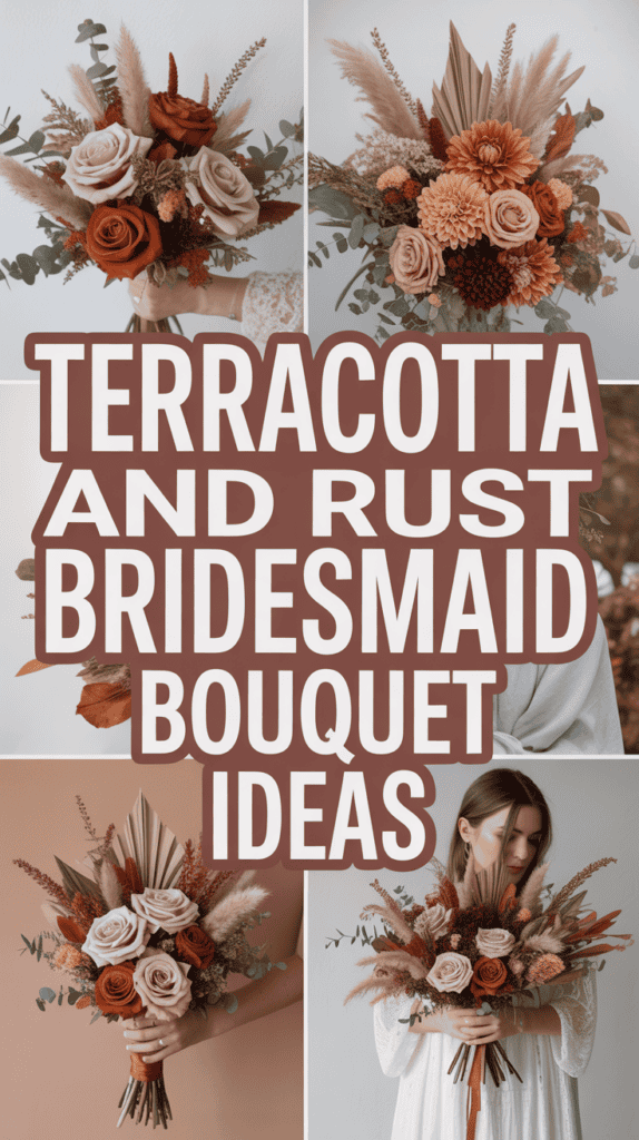 A collage of terracotta and rust-colored wedding bouquets with the text: "Terracotta and Rust Bridesmaid Bouquet Ideas."