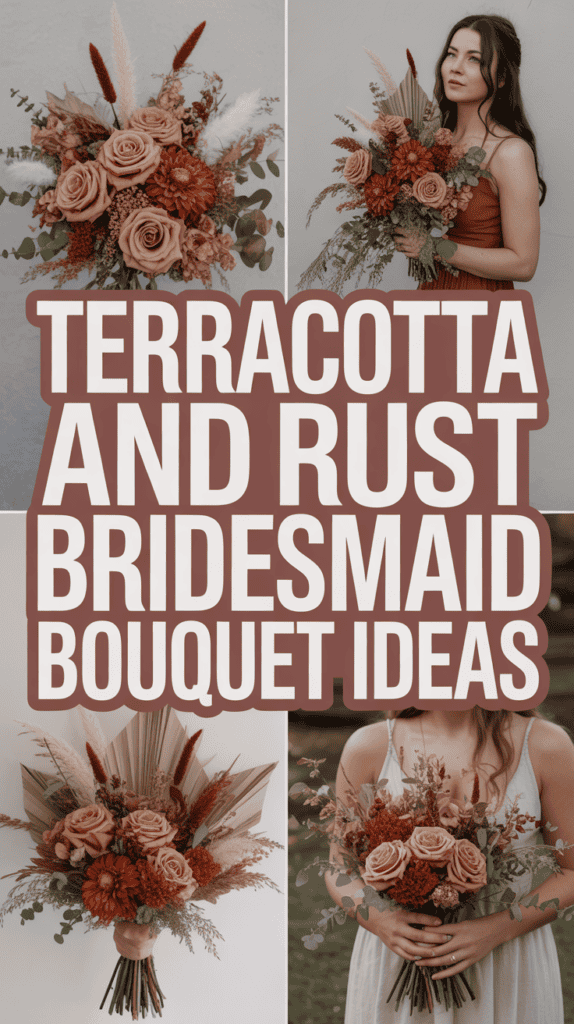 Bridesmaids holding terracotta and rust-themed floral bouquets with roses and pampas grass.