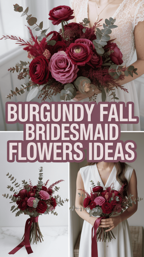 A person holding a bouquet of burgundy and pink flowers with greenery, accompanied by the text "Burgundy Fall Bridesmaid Flowers Ideas."