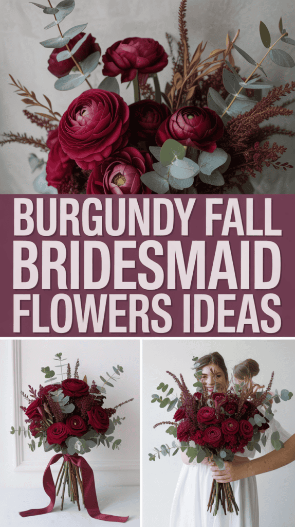 Bouquet of burgundy flowers with eucalyptus leaves, labeled "Burgundy Fall Bridesmaid Flowers Ideas."