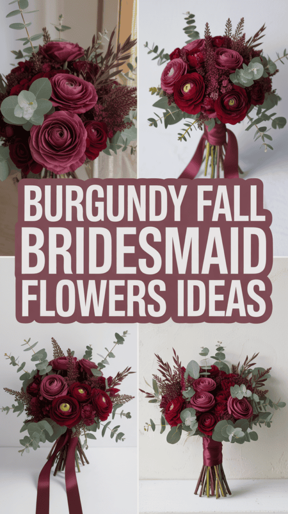 Collage of burgundy bridal bouquets with roses and eucalyptus, titled "Burgundy Fall Bridesmaid Flowers Ideas".