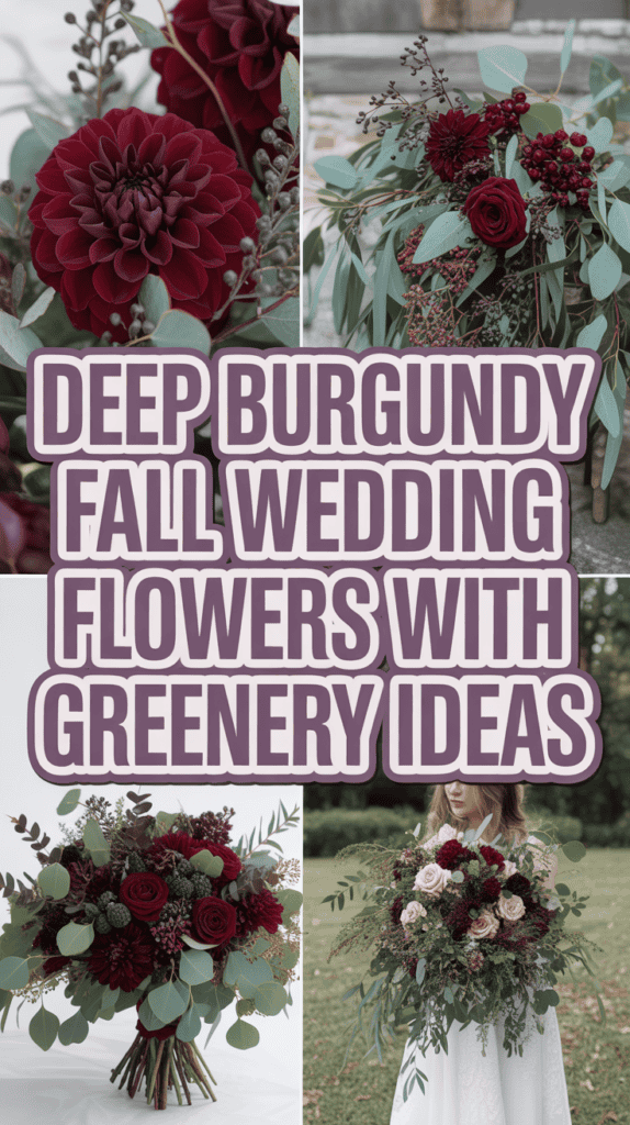 Collage of deep burgundy flowers and greenery in fall wedding arrangements, with a bride holding a lush bouquet.