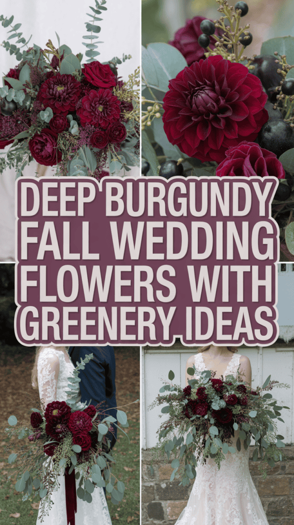 Collage of deep burgundy flowers and greenery in bridal bouquets with text highlighting fall wedding flower ideas.