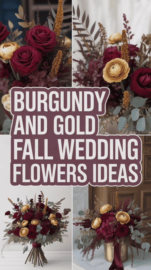 Four floral arrangements featuring burgundy roses and gold flowers with lush foliage, shown alongside "Burgundy and Gold Fall Wedding Flowers Ideas" text.