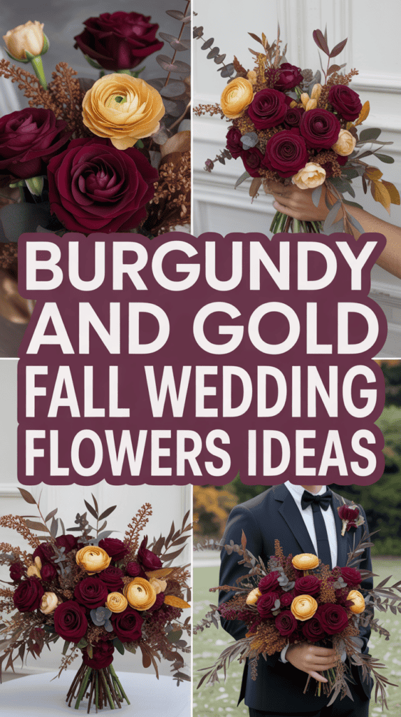 Collage of burgundy and gold floral arrangements for a fall wedding, with bold text reading "Burgundy and Gold Fall Wedding Flowers Ideas."