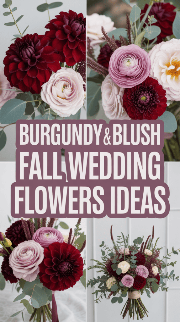 Collage of burgundy and blush floral arrangements with the text "Burgundy & Blush Fall Wedding Flowers Ideas."