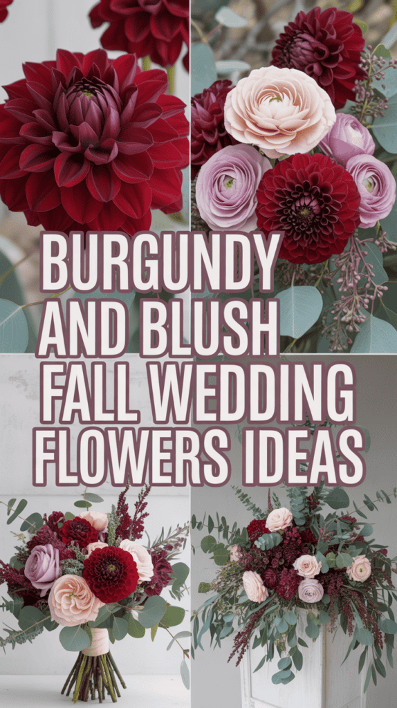 Collage of burgundy and blush wedding flower arrangements with dahlias, ranunculus, and eucalyptus, featuring bold text.