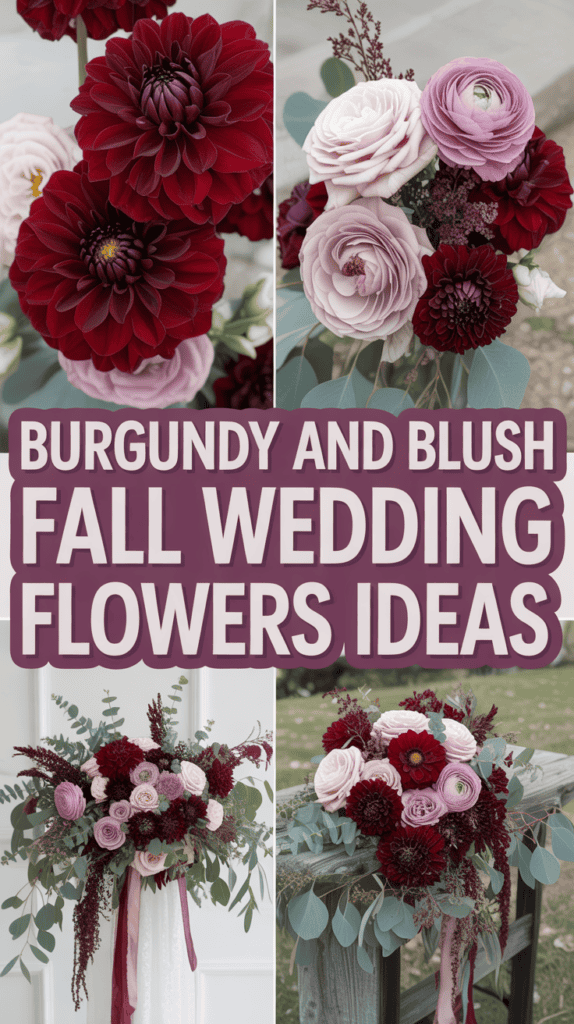 Burgundy and blush floral arrangements featuring dahlias and ranunculus, with text: "Burgundy and Blush Fall Wedding Flowers Ideas."