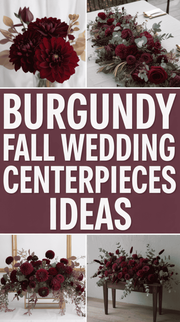 Collage of burgundy floral arrangements for fall weddings with text "Burgundy Fall Wedding Centerpieces Ideas."