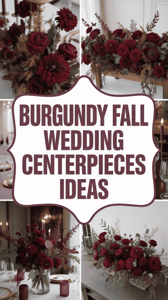 Collage of burgundy floral centerpieces with the text "Burgundy Fall Wedding Centerpieces Ideas" in the center.