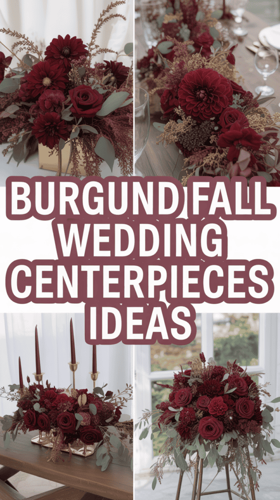 A collage of burgundy-themed fall wedding centerpieces with flowers and candles, featuring text "Burgundy Fall Wedding Centerpieces Ideas."