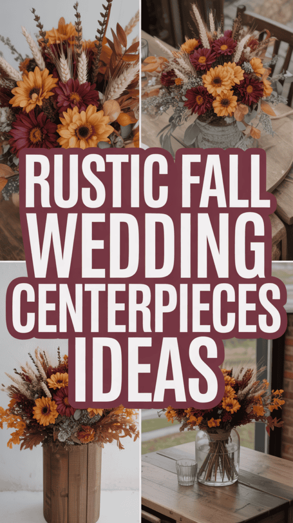 Collage of rustic fall wedding centerpieces with sunflowers and autumn leaves in various vases.