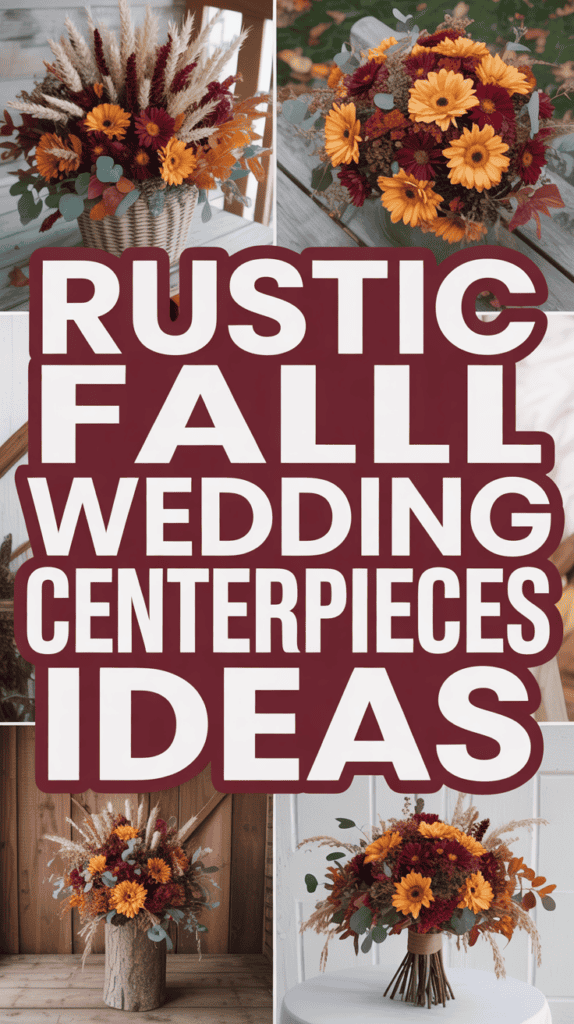 Collage of rustic fall wedding centerpieces with vibrant flowers and text reading "Rustic Fall Wedding Centerpieces Ideas."