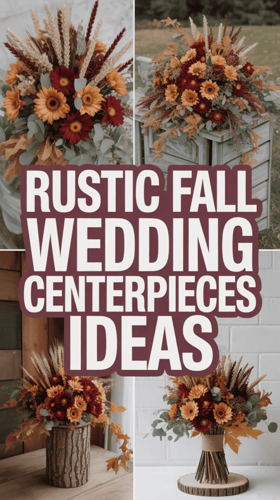 Four rustic fall wedding centerpieces featuring sunflowers, dried wheat, and autumn leaves.