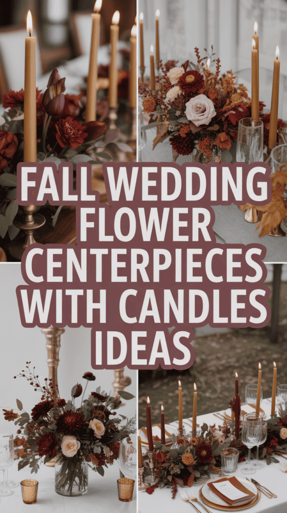 A collage of fall wedding flower centerpieces with candles, featuring rich autumn colors and elegant table settings.