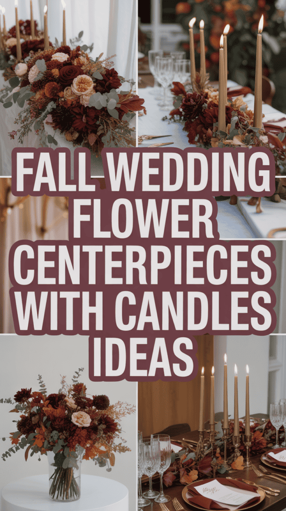 Collage of elegant fall wedding flower centerpieces with candles, featuring rich autumn colors and various arrangements.