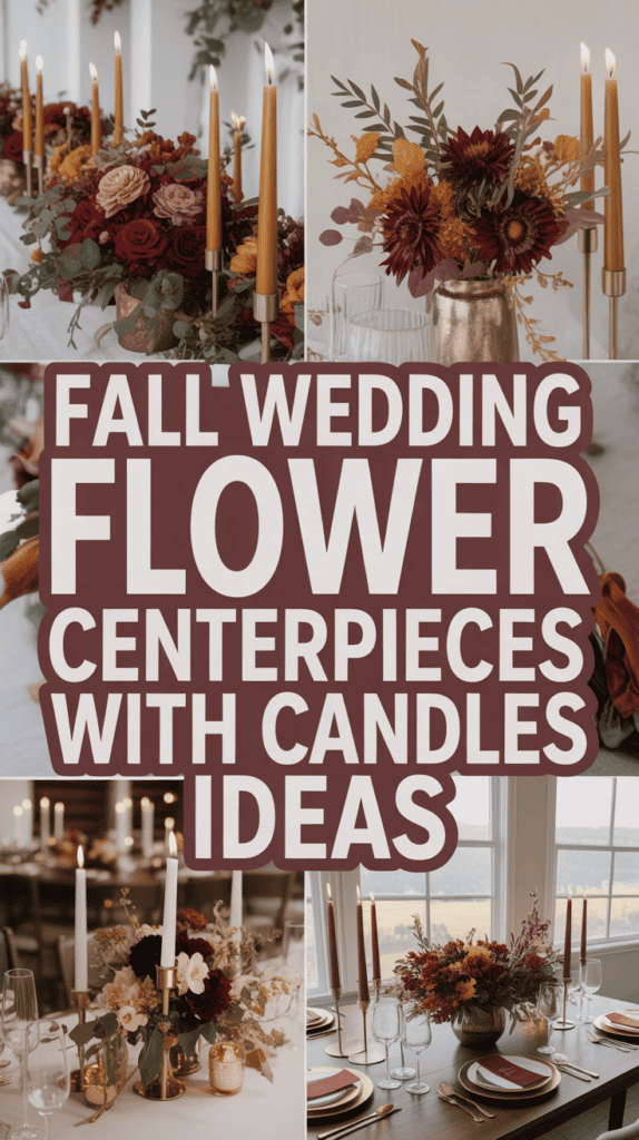 Collage of elegant fall wedding flower centerpieces with candles featuring rich autumn colors.