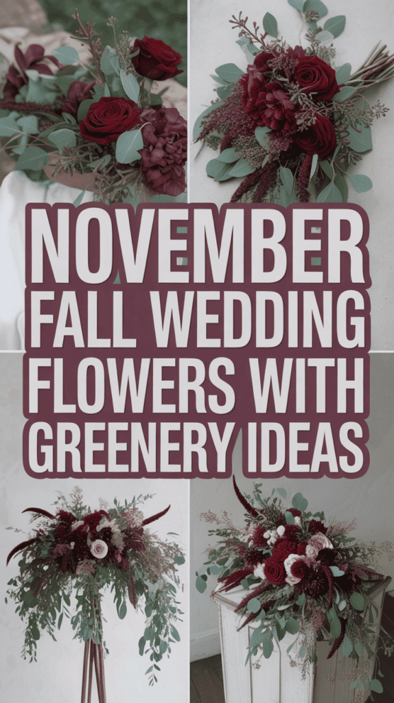 Collage of fall wedding bouquets with burgundy flowers and greenery, featuring the text "November Fall Wedding Flowers with Greenery Ideas."