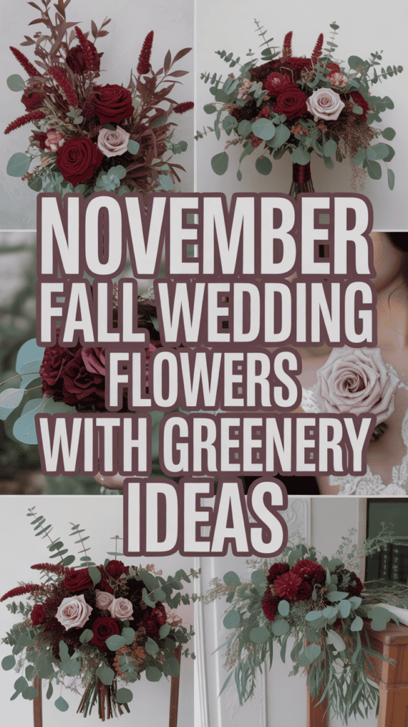 Various elegant flower arrangements featuring deep red and blush roses with greenery, accompanied by the text "November Fall Wedding Flowers with Greenery Ideas."