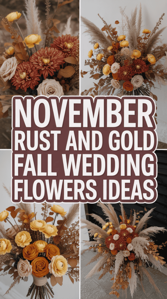 A collage of fall flower arrangements featuring rust and gold tones, with bold text: "November Rust and Gold Fall Wedding Flowers Ideas."