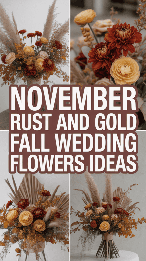 Four floral arrangements in warm autumn tones of rust and gold with text: "November Rust and Gold Fall Wedding Flowers Ideas."