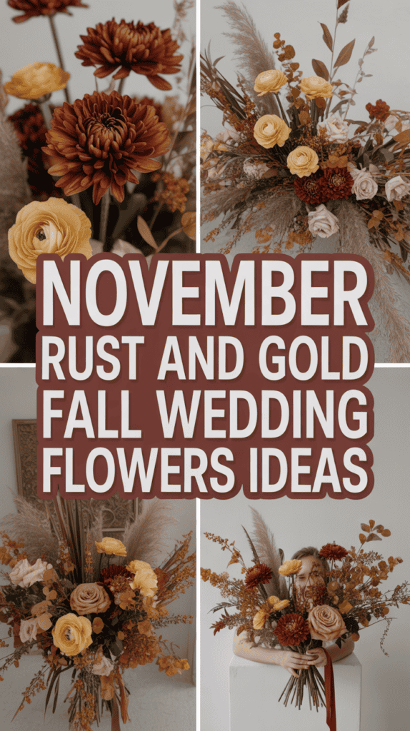 Collage of rust and gold floral arrangements with text "November Rust and Gold Fall Wedding Flowers Ideas."