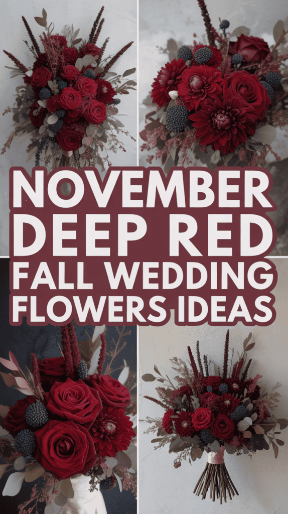 Collage of deep red floral arrangements with the text "November Deep Red Fall Wedding Flowers Ideas."