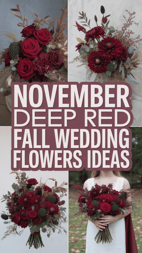 Collage of deep red fall wedding bouquets with roses and text "November Deep Red Fall Wedding Flowers Ideas."