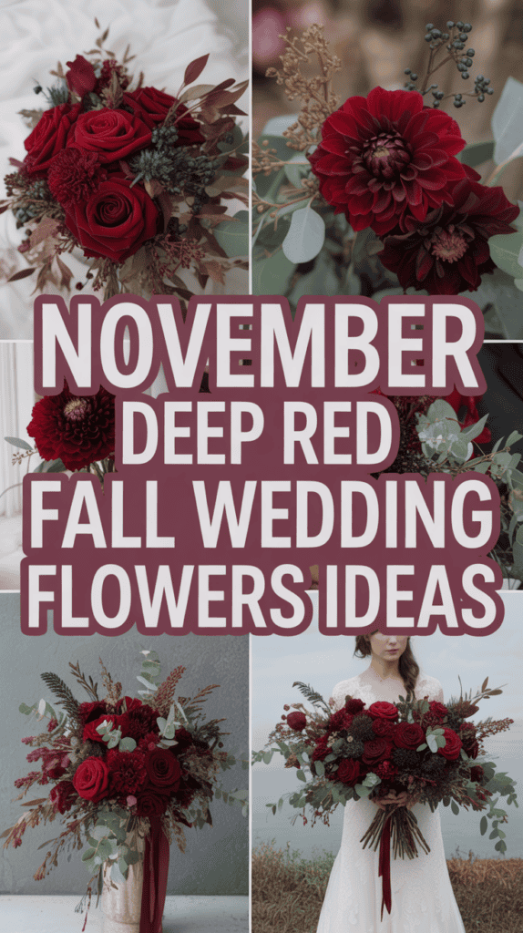 Collage of deep red fall wedding flower arrangements with roses and dahlias, featuring bold text: "November Deep Red Fall Wedding Flowers Ideas."