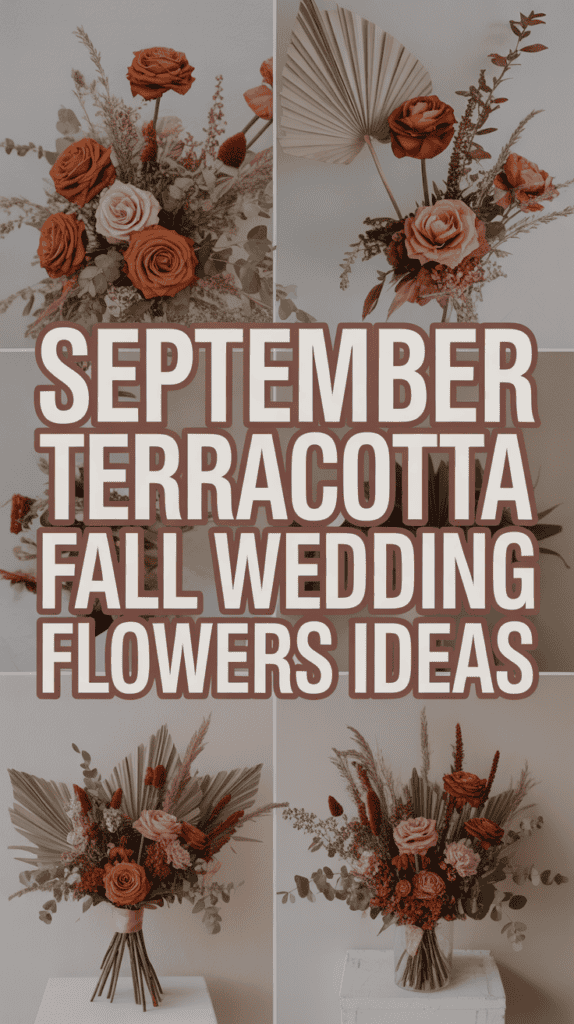 A collage of fall floral arrangements with terracotta roses and text reading "September Terracotta Fall Wedding Flowers Ideas."