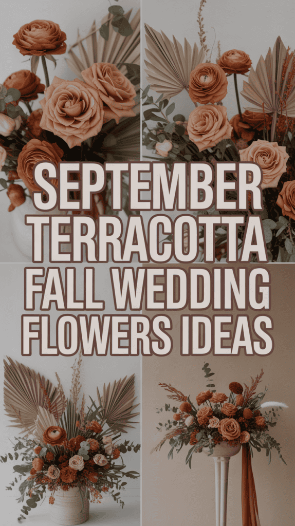 Collage of terracotta-themed floral arrangements with text: "September Terracotta Fall Wedding Flowers Ideas."