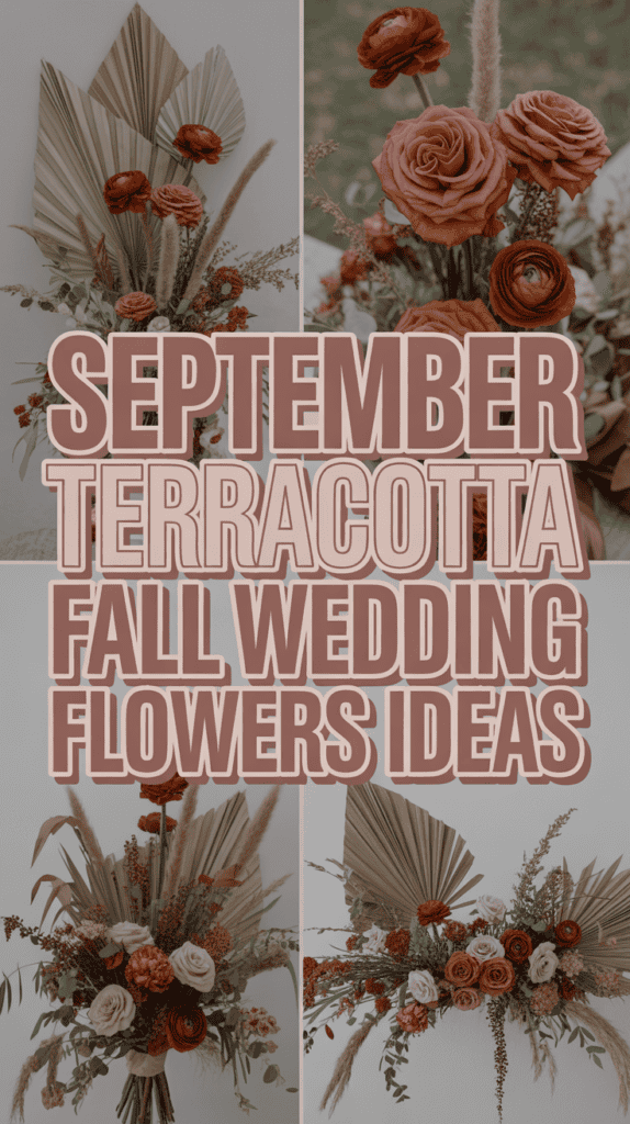 Collage of autumn flower arrangements with terracotta roses and dried grasses, featuring text: "September Terracotta Fall Wedding Flowers Ideas."