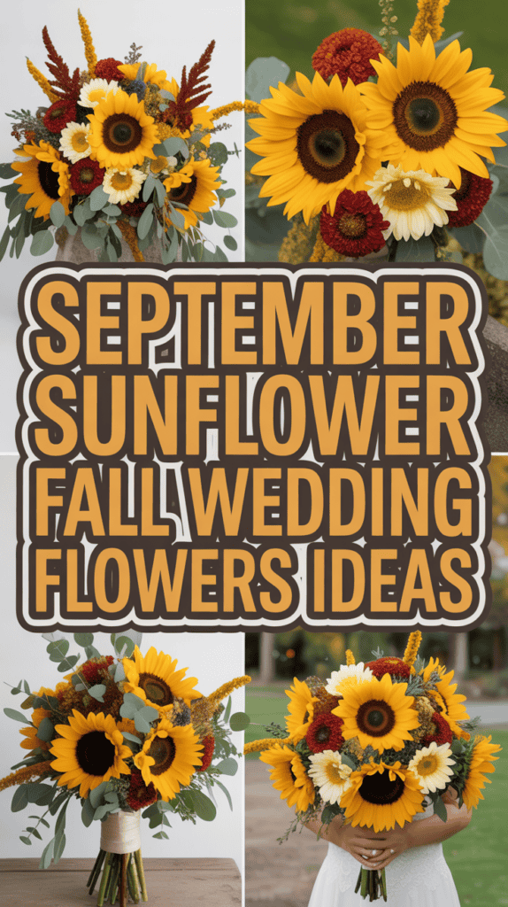 Arrangement of vibrant sunflowers and autumn blooms with text reading "September Sunflower Fall Wedding Flowers Ideas."
