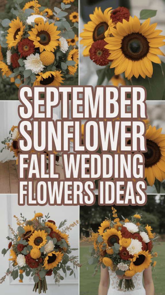 Collage of sunflower wedding bouquets with text reading "September Sunflower Fall Wedding Flowers Ideas."