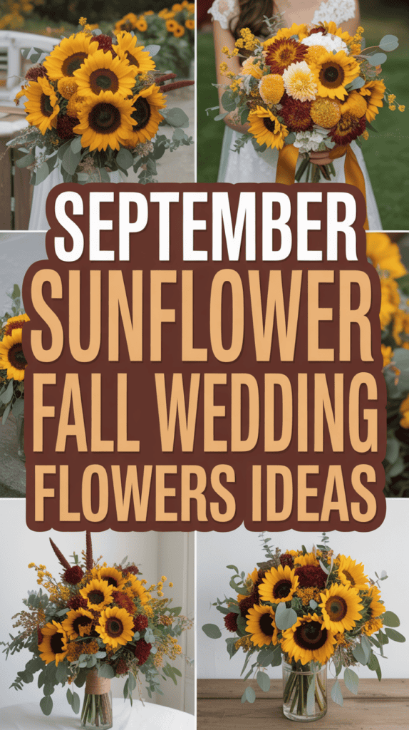 A collage of sunflower bouquets and arrangements with text: "September Sunflower Fall Wedding Flowers Ideas."