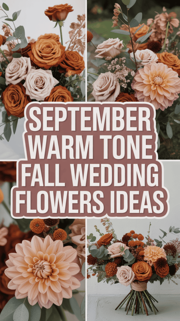 Collage of autumnal flower arrangements featuring roses and dahlias in warm orange and cream tones, with text: "September Warm Tone Fall Wedding Flowers Ideas."
