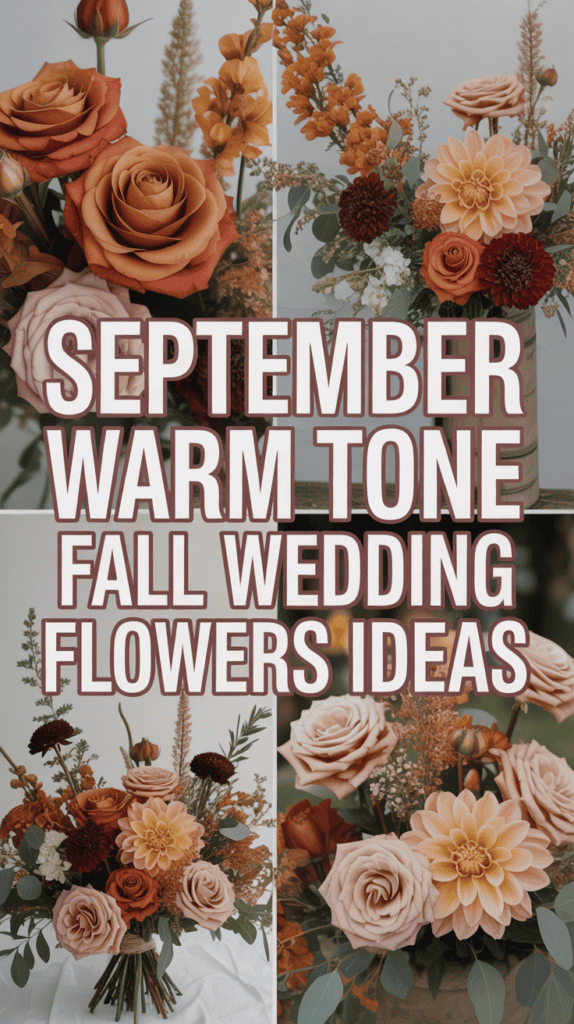 Collage of floral arrangements with warm autumn tones, featuring roses, dahlias, and text: "September Warm Tone Fall Wedding Flowers Ideas."