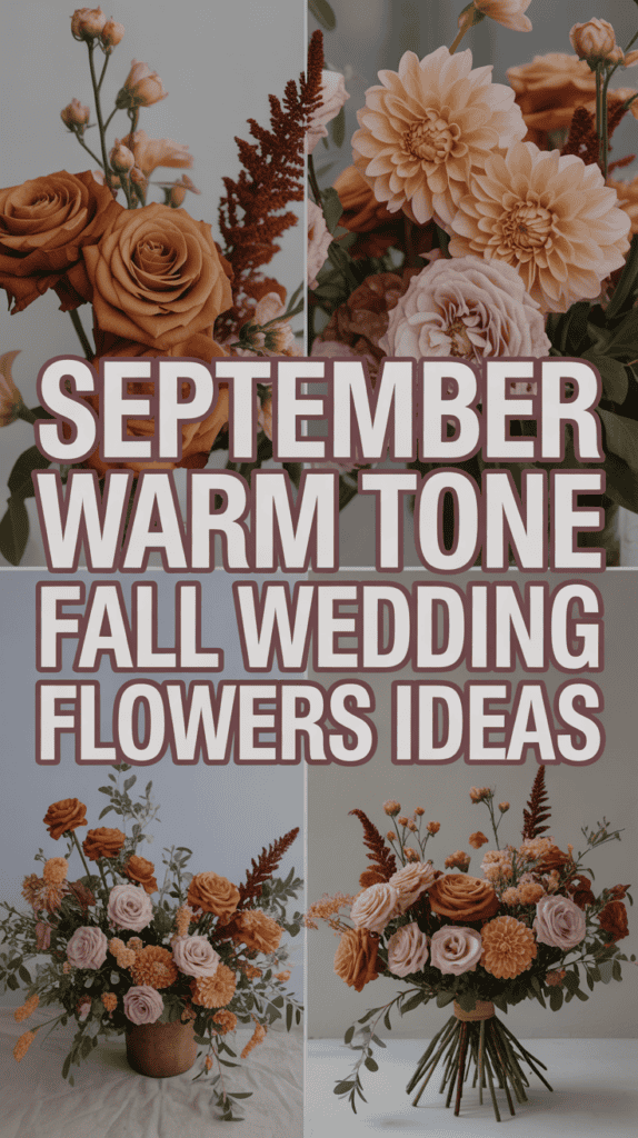 Collage of warm-toned floral arrangements with text: "September Warm Tone Fall Wedding Flowers Ideas".