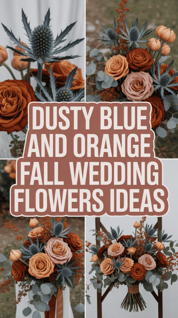 Collage with dusty blue and orange wedding flower arrangements, featuring roses and eucalyptus, with text reading "Dusty Blue and Orange Fall Wedding Flowers Ideas."