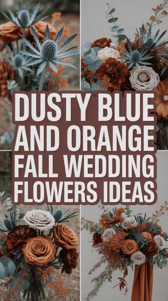 Collage of dusty blue and orange floral arrangements with text "Dusty Blue and Orange Fall Wedding Flowers Ideas."