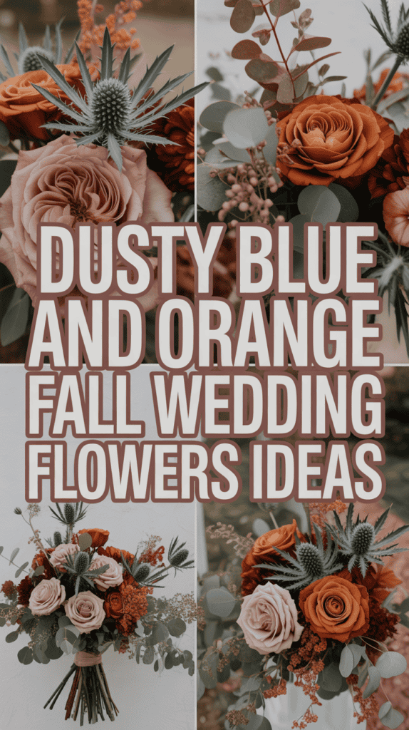 Collage of wedding bouquets featuring dusty blue thistles and orange roses, with "Dusty Blue and Orange Fall Wedding Flowers Ideas" text.