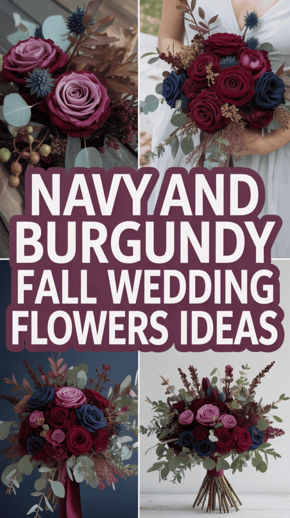 Collage of navy and burgundy fall wedding flower arrangements featuring roses and greenery.