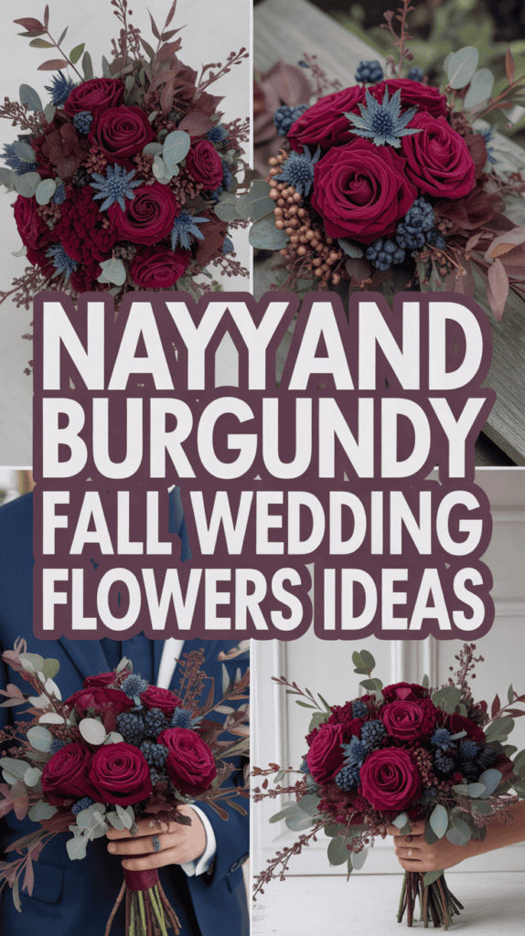 Collage of burgundy and navy floral arrangements labeled "Navy and Burgundy Fall Wedding Flowers Ideas."