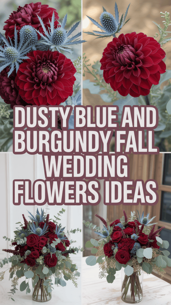 Collage of burgundy dahlias and dusty blue flowers in bouquets, with text overlay about fall wedding flower ideas.