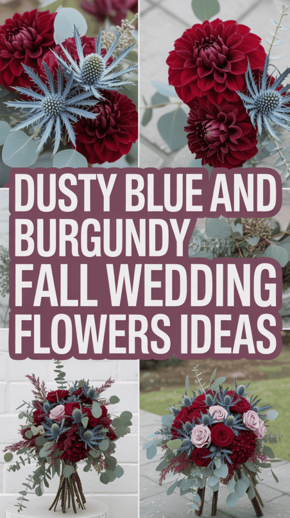 Collage of wedding bouquets in dusty blue and burgundy tones with text "Dusty Blue and Burgundy Fall Wedding Flowers Ideas."